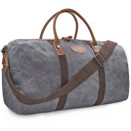 NEWHEY Travel Duffel Bag Waterproof Canvas Overnight Bag Leather Weekend Oversized Carryon Handbag Grey