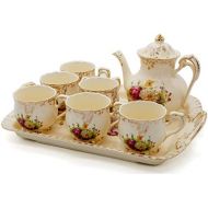 NEWQZ Creative European Luxury Tea Set of 8 Piece, Ivory Porcelain Coffee Set with Tea Tray, Hand Painted Rose Flower, for Wedding Decoration Evening Dinner, with a Gift Box