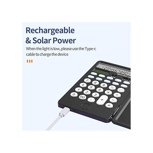  Portable Calculator with Notepad, Basic Calculator with Writing Tablet,12 Digits Large Display Rechargeable Solar Power Desk Calculator for Office, School (Black)