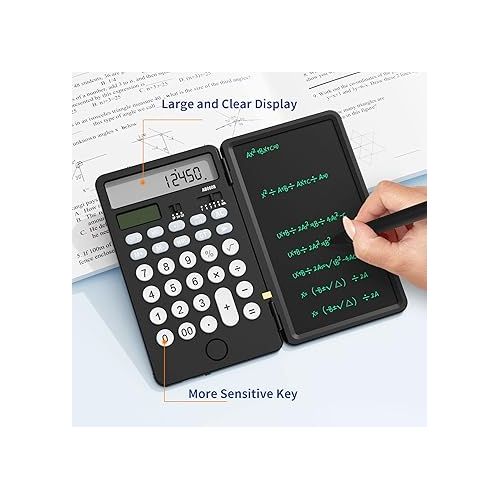  Portable Calculator with Notepad, Basic Calculator with Writing Tablet,12 Digits Large Display Rechargeable Solar Power Desk Calculator for Office, School (Black)