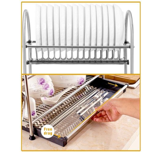  NEX Stainless Steel 2-Tier Dish Draining Rack With Draining Pan, Adjustable, Cutting Board Holder, Large and Spacious (NX-D002)