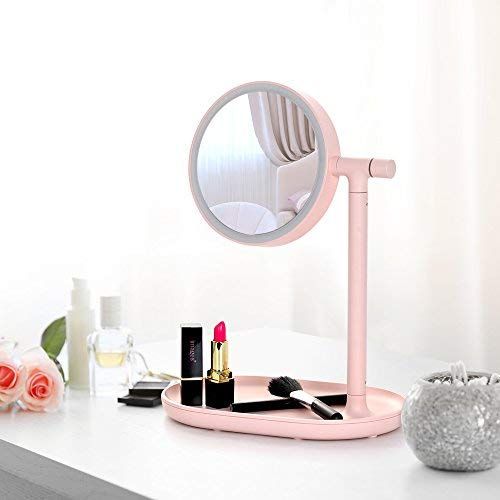  NEX Lighted Makeup Mirror Mirror with Cosmetic Organizer Tray, 1x/3x Magnification, USB Charging, 270- Degree Adjustable LED Light Makeup Vanity for Desk or Tabletop - Pink