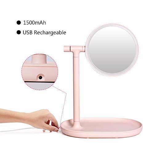  NEX Lighted Makeup Mirror Mirror with Cosmetic Organizer Tray, 1x/3x Magnification, USB Charging, 270- Degree Adjustable LED Light Makeup Vanity for Desk or Tabletop - Pink