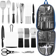 NEXGADGET Portable Camping Kitchen Utensil Set, 27-Piece Stainless Steel Outdoor Cooking and Grilling Utensil Organizer Travel Set Perfect for Travel, Picnics, RVs, Camping, BBQs, Parties, P