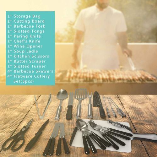  NEXGADGET Portable Camping Kitchen Utensil Set, 27-Piece Stainless Steel Outdoor Cooking and Grilling Utensil Organizer Travel Set Perfect for Travel, Picnics, RVs, Camping, BBQs, Parties, P