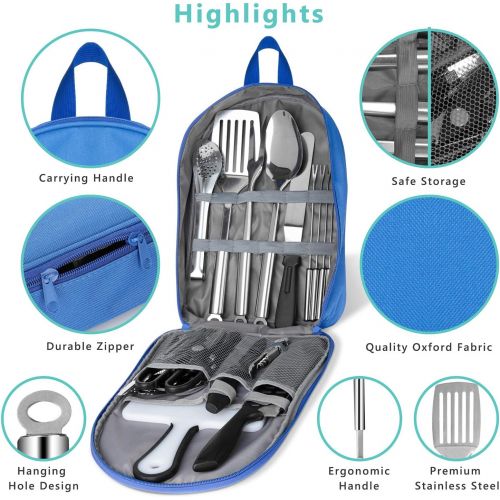  NEXGADGET Portable Camping Kitchen Utensil Set, 27-Piece Stainless Steel Outdoor Cooking and Grilling Utensil Organizer Travel Set Perfect for Travel, Picnics, RVs, Camping, BBQs, Parties, P