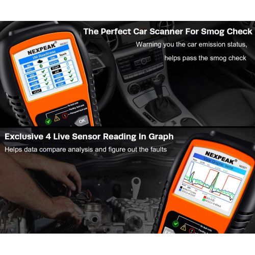  NEXPEAK OBD2 Scanner Orange-Black Color Display with Battery Test Function, 2.8 Car Diagnostic Scan Tool Vehicle Check Engine Light Analyzer