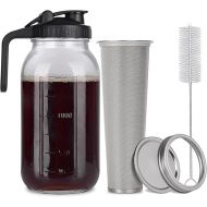 Cold Brew Mason Jar iced Coffee Maker, Durable Glass, - 64 oz (2 Quart / 1.9 Liter), With Handle& Stainless Steel Filter for Iced Brew Coffee, Lemonade, Ice Tea, Homemade Fruit Drinks Container