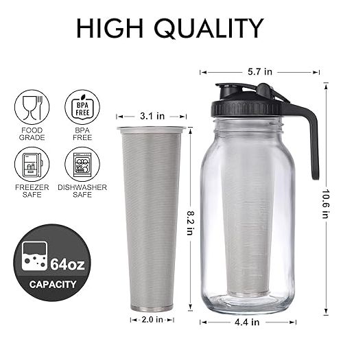  Cold Brew Mason Jar iced Coffee Maker, Durable Glass, - 64 oz (2 Quart / 1.9 Liter), With Handle& Stainless Steel Filter for Iced Brew Coffee, Lemonade, Ice Tea, Homemade Fruit Drinks Container