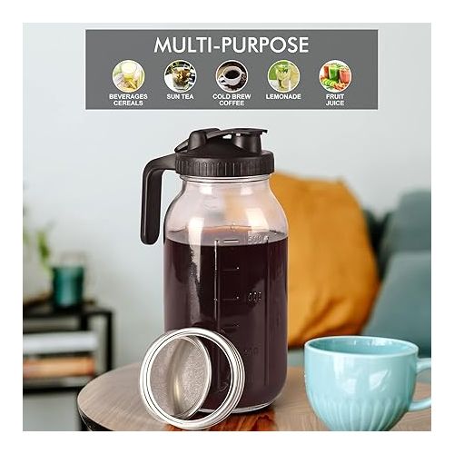  Cold Brew Mason Jar iced Coffee Maker, Durable Glass, - 64 oz (2 Quart / 1.9 Liter), With Handle& Stainless Steel Filter for Iced Brew Coffee, Lemonade, Ice Tea, Homemade Fruit Drinks Container