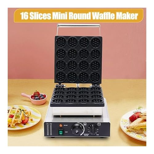  Commercial Belgian Waffle Maker, Nonstick Electric 16pcs Mini Round Waffle Maker - 110V 1750W Belgian Waffle Baker Stainless Steel Waffle Maker with Time & Temp Control for Restaurant Snack Bar