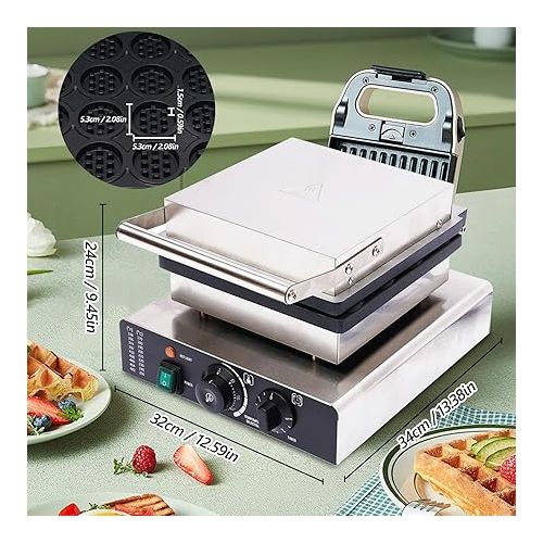  Commercial Belgian Waffle Maker, Nonstick Electric 16pcs Mini Round Waffle Maker - 110V 1750W Belgian Waffle Baker Stainless Steel Waffle Maker with Time & Temp Control for Restaurant Snack Bar