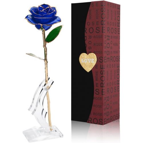  [아마존 핫딜] [아마존핫딜]NICEAO 24K Gold Foil Trim Blue Rose Flower Long Stem with Transparent Stand, Best Gift for Valentines Day, Mothers Day, Anniversary, Wedding, Birthday Gift, Treating Yourself (Blue