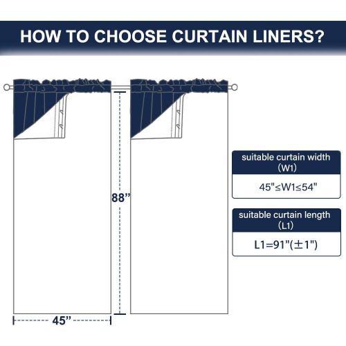  NICETOWN Blackout Curtain Liners for 95 Curtains - Black Out Curtain Liners for Drapes, Blackout Fabric Liners for Bedroom (Hooks Included) 2 Panels, 45W by 88L Per Panel Inches, G