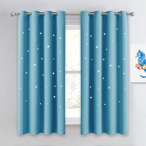  NICETOWN Starry Night Twinkle Blackout Curtains - Naptime Essential Nursery Draperies for Kids Room, Window Drapes with Die-Cut Stars (2-Pack, W52 x L84-Inch, Royal Navy Blue)