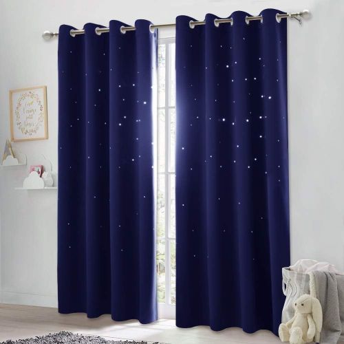  NICETOWN Starry Night Twinkle Blackout Curtains - Naptime Essential Nursery Draperies for Kids Room, Window Drapes with Die-Cut Stars (2-Pack, W52 x L84-Inch, Royal Navy Blue)