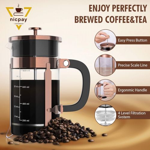  [아마존베스트]NICPAY French Press Coffee Maker 34oz, 304 Stainless Steel Borosilicate Glass Coffee Press, Copper