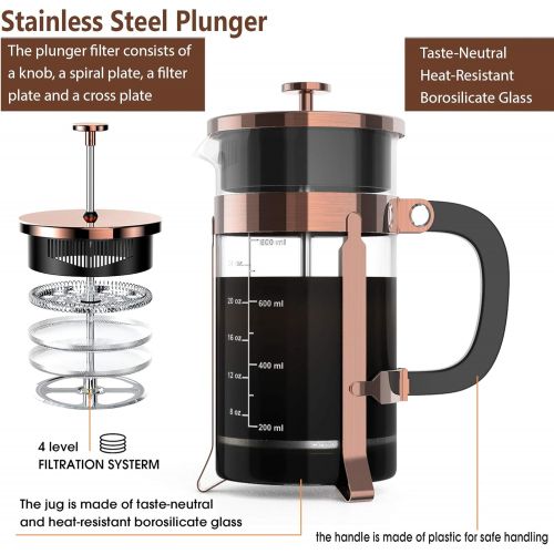  [아마존베스트]NICPAY French Press Coffee Maker 34oz, 304 Stainless Steel Borosilicate Glass Coffee Press, Copper