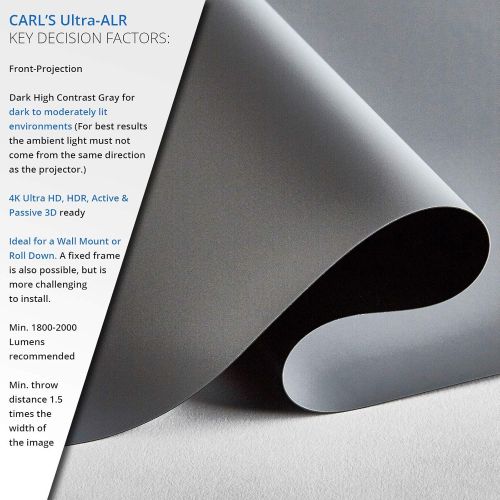  Carls Place (16:9) 51x90in.-103 Diag. Carls Ultra-ALR (4K Ultra HDUHD, HDR Ready) Projector Screen Material, Ambient Light Rejecting, Front Projection, High Contrast Gray, Cut Cloth, 3D, 1.5