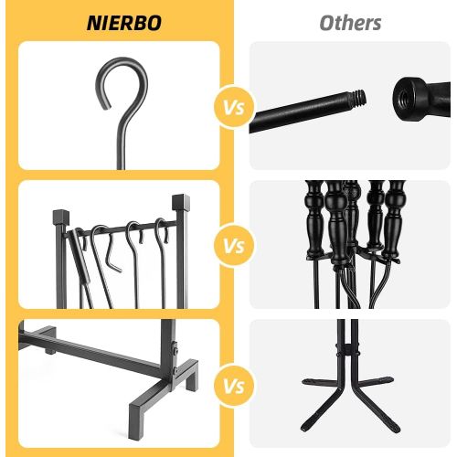  NIERBO 5 Pieces Fireplace Tools Set Strength Wrought Iron Indoor Outdoor Fire Place Toolset Hearth Accessories Kit with Fireplace Brush, Fire Poker, Fireplace Shovel, Firewood Tong