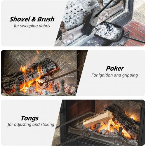  NIERBO 5 Pieces Fireplace Tools Set Strength Wrought Iron Indoor Outdoor Fire Place Toolset Hearth Accessories Kit with Fireplace Brush, Fire Poker, Fireplace Shovel, Firewood Tong