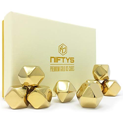  [아마존베스트]Whiskey Stones Gold Edition Gift Set of 8 Stainless Steel Diamond Shaped Ice Cubes, Reusable Chilling Rocks including Silicone Tip Tongs and Storage Tray by NIFTY5