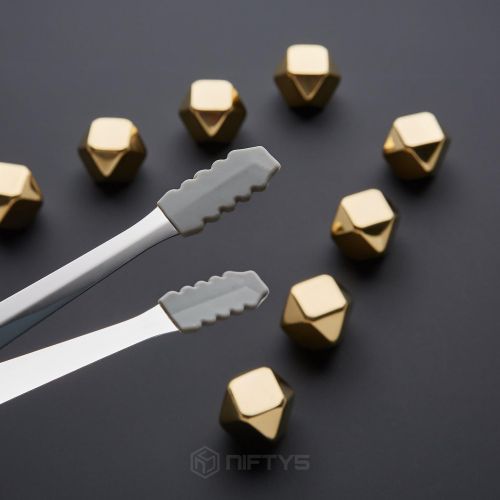  [아마존베스트]Whiskey Stones Gold Edition Gift Set of 8 Stainless Steel Diamond Shaped Ice Cubes, Reusable Chilling Rocks including Silicone Tip Tongs and Storage Tray by NIFTY5