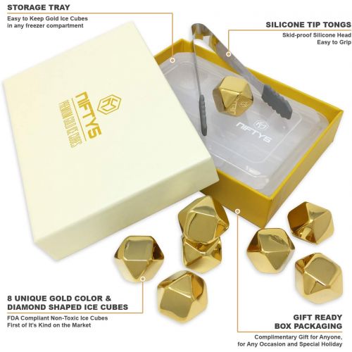  [아마존베스트]Whiskey Stones Gold Edition Gift Set of 8 Stainless Steel Diamond Shaped Ice Cubes, Reusable Chilling Rocks including Silicone Tip Tongs and Storage Tray by NIFTY5