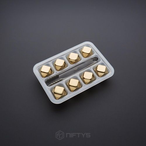  [아마존베스트]Whiskey Stones Gold Edition Gift Set of 8 Stainless Steel Diamond Shaped Ice Cubes, Reusable Chilling Rocks including Silicone Tip Tongs and Storage Tray by NIFTY5