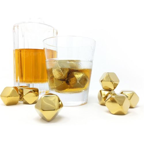  [아마존베스트]Whiskey Stones Gold Edition Gift Set of 8 Stainless Steel Diamond Shaped Ice Cubes, Reusable Chilling Rocks including Silicone Tip Tongs and Storage Tray by NIFTY5