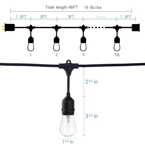  NIOSTA Waterproof Outdoor Patio String Lights, 48Ft with 16 Hanging Vintage 11W Edison Bulbs,Commercial String Lights for Bistro, Backyard, Party Tent -Blk