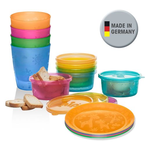  NIP 14 tlg. Kleinkinder-Set // made in Germany // Teller mit Motiv 4er Pack & Trinkbecher 4er Pack // Pick Nick Breischalen mit Deckel, 6er Pack // Niedliches Giraffenmotiv BPA fre