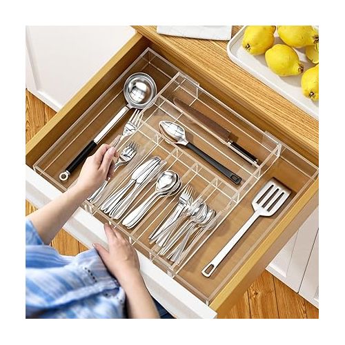  NIUBEE Expandable Kitchen Drawer Organizer for Flatware and Utensils,Clear Acrylic Adjustable Silverware Tray for Drawer,Office,Bathroom Supplies-9 Compartments