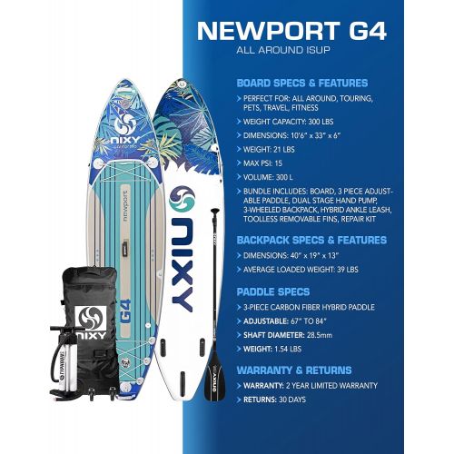  NIXY Newport Inflatable Stand Up Paddle Board- Premium All Around SUP, Durable & Lightweight 10’6” x 33” x 6” iSUP, Travel Bag, Carbon Hybrid Paddle, Hand Pump, Leash & More