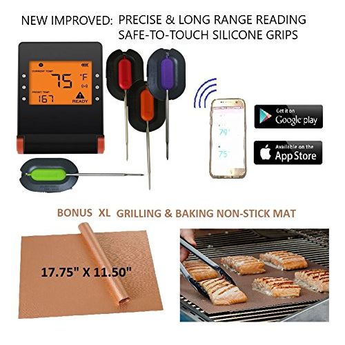  NOBILIS PRO WIRELESS MEAT THERMOMETER + FREE XL NON-STICK COPPER MAT for BBQ, Grill, Bake & Smoke. BluetoothPhone digital LCD display Silicone FDA Probes, IMPROVED MODEL for Cooking, Grilling