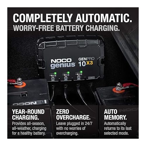  NOCO Genius GENPRO10X3, 3-Bank, 30A (10A/Bank) Smart Marine Battery Charger, 12V Waterproof Onboard Boat Charger, Battery Maintainer and Desulfator for AGM, Lithium (LiFePO4) and Deep-Cycle Batteries