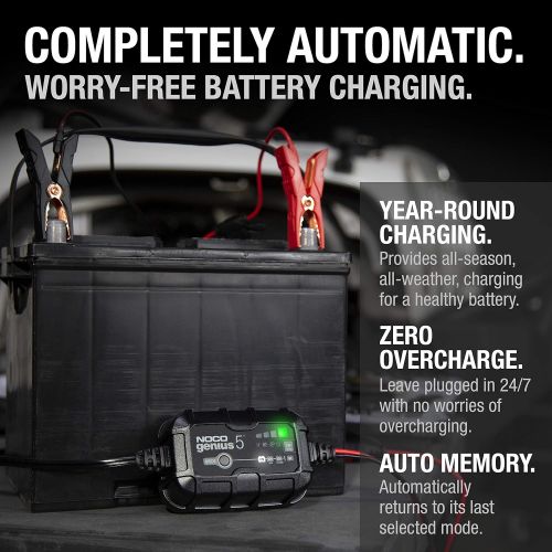  NOCO GENIUS5, 5-Amp Fully-Automatic Smart Charger, 6V And 12V Battery Charger, Battery Maintainer, And Battery Desulfator With Temperature Compensation