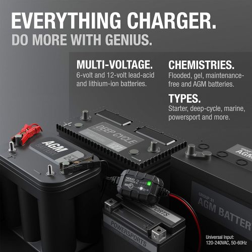  NOCO GENIUS2, 2-Amp Fully-Automatic Smart Charger, 6V And 12V Battery Charger, Battery Maintainer, And Battery Desulfator With Temperature Compensation