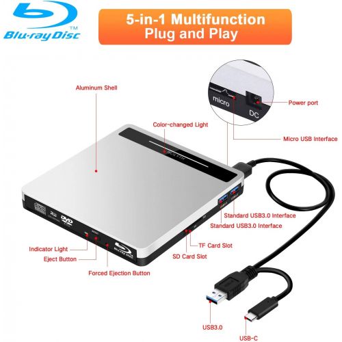  [아마존 핫딜] [아마존핫딜]NOLYTH External Bluray Drive 5-in-1 External Blu Ray Drive USB3.0 Bluray Drive Player Burner for Laptop/MacBook/Windows10/PC with SD TF Card Reader/2 USB3.0 Hub/BD-ROM/R/RE