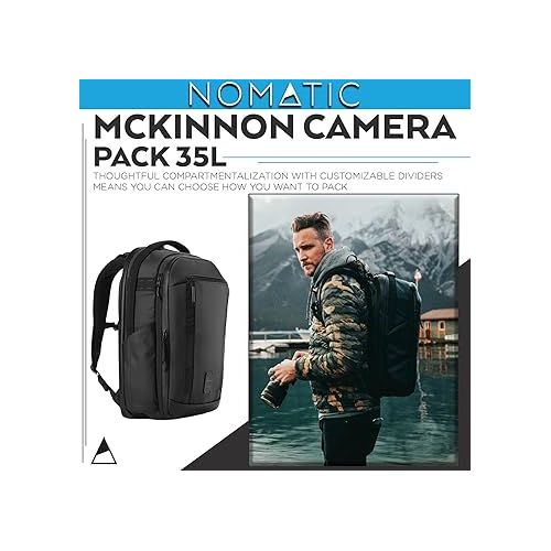  NOMATIC McKinnon Camera Backpack- 42L Water Resistant Photography Travel Bag with Laptop Sleeve, Customizable Dividers & Organized Pockets for Men and Women - Black