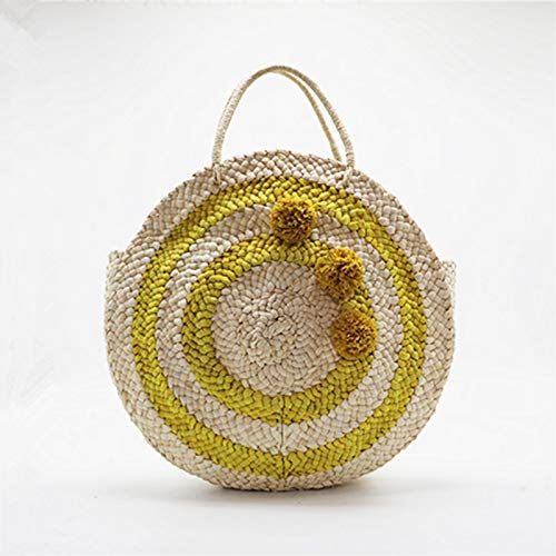  NOMIMAS Summer Yellow Striped Beach Bag Round Big Circular Straw Totes Tassels Pompoms Women Natural Handbag