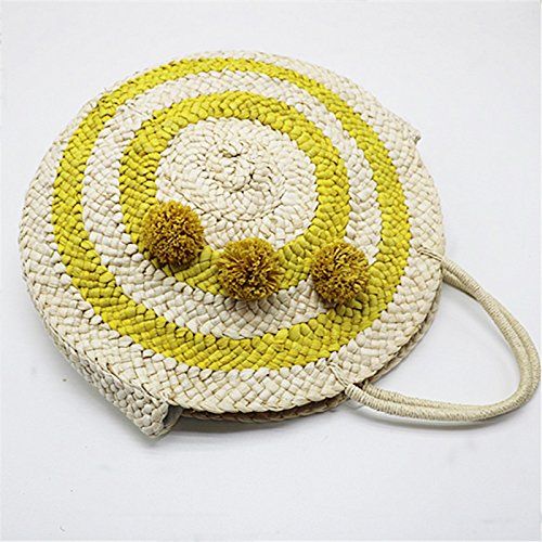  NOMIMAS Summer Yellow Striped Beach Bag Round Big Circular Straw Totes Tassels Pompoms Women Natural Handbag