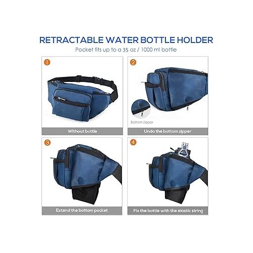  Fanny Pack with Water Bottle Holder for Men Women Large Hiking Waist Bag Hip Bum Bag Adjustable Strap Belt Bag 6 Zipper Pocket for Running Cycling Traveling Dog Walking Workout Outdoor Blue