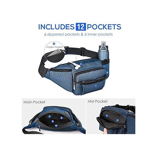  Fanny Pack with Water Bottle Holder for Men Women Large Hiking Waist Bag Hip Bum Bag Adjustable Strap Belt Bag 6 Zipper Pocket for Running Cycling Traveling Dog Walking Workout Outdoor Blue