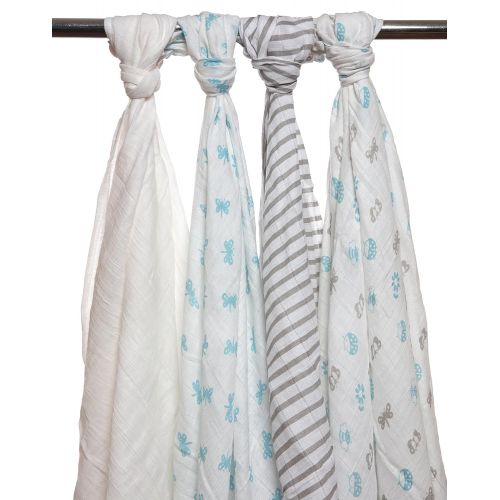  NOOX Babykin Organic Cotton Muslin Swaddle Blankets, Bugs Life (Blue), 8 Piece Pack