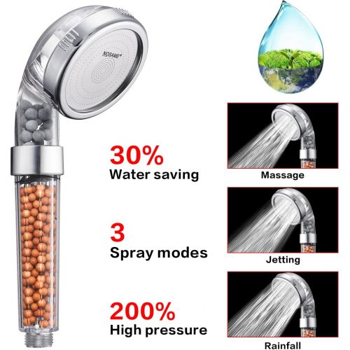  Shower Head, Handheld High Pressure Filter Filtration Stone Stream Showerhead Water Saving Ionic with 3-Way Shower Modes for Dry Skin & Hair by Nosame (Clear)