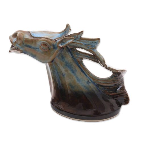  NOVICA Animal Themed Ceramic Teapot, Brown, 30 oz, Racehorse