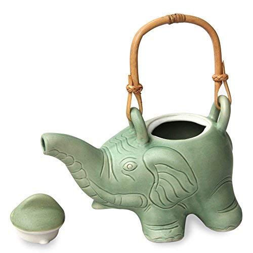  NOVICA Good Luck Serveware Elephant Green Tea Ceramic teapot