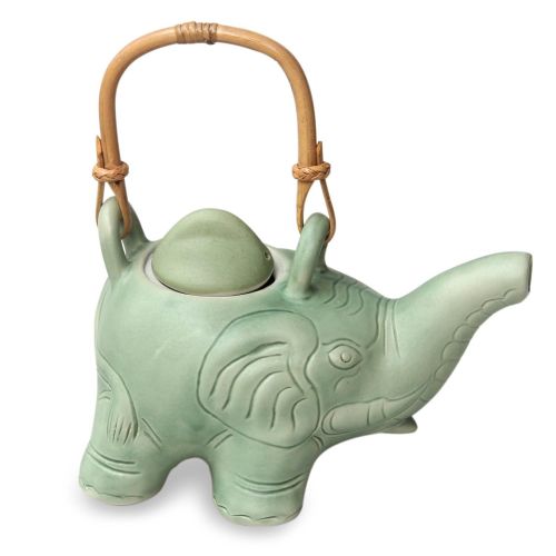  NOVICA Good Luck Serveware Elephant Green Tea Ceramic teapot