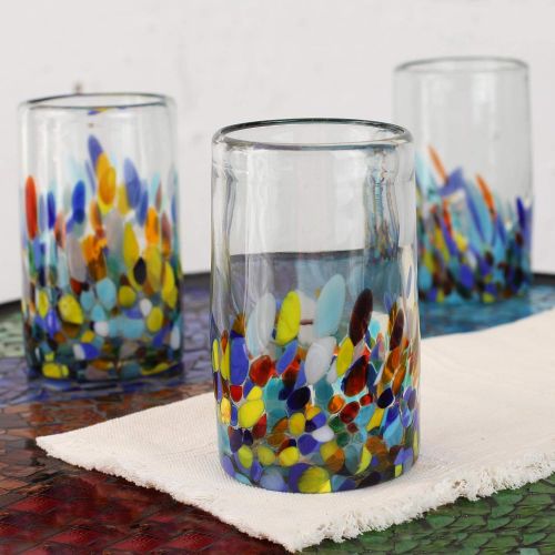  NOVICA Artisan Crafted Recycled Hand Blown Glass Water Glasses, Multicolor, 14 Oz, Confetti (Set Of 6)